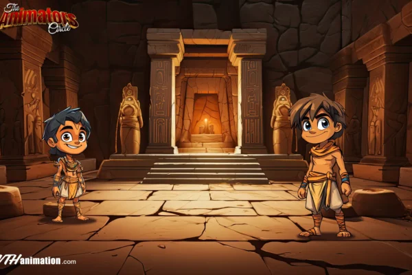 Egyptian interior scene with two Egyptian boys looking at camera