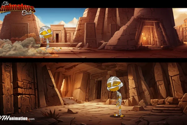 Two wide view Egyptian backgrounds with Skinnies Mummy running in one scene and puffed in antoher