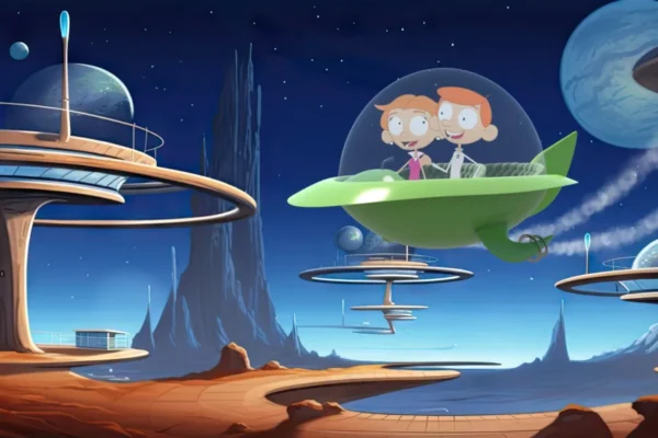 Styled Jetson's like exteriro background with Skinnies characters flying their ship