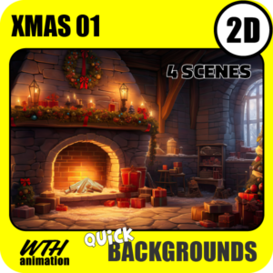 Christmas scenes thumbnail, quick backgrounds, Fireplace with Christmas tree and presents.