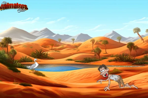 Desert scene with Fred Castaway crawling towards the water